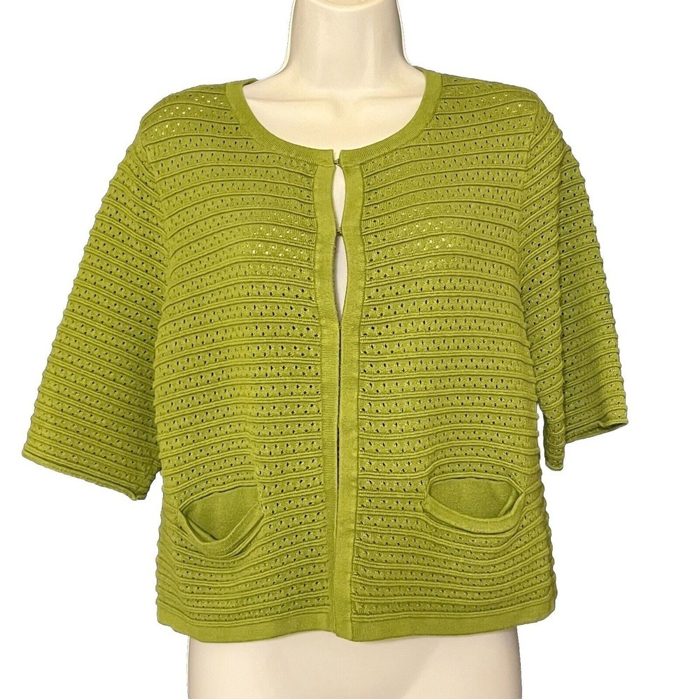 Chicos‎ Lime Green Pointelle Knit Short Sleeve Cardigan Sweater Pockets Size 1 M